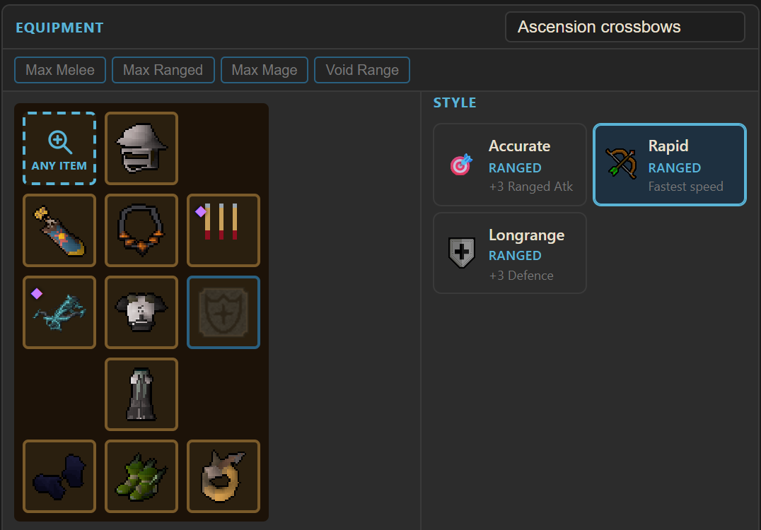 Void-range loadout with the unreleased Ascension crossbows and Fractured bolts equipped, hitting 8.89 DPS and 73.59% accuracy on Alchemical Hydra in RuneBuddy
